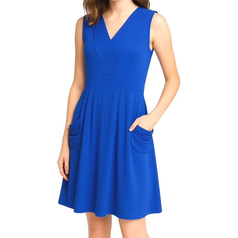 Ellen Tracy Sleeveless Dress‎ 2 Sapphire Blue Pleated V-Neck Flowy Elegant NEW